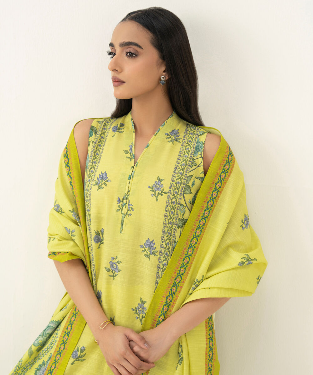 Women's Unstitched Printed Cotton Lime Yellow 3 Piece Suit
