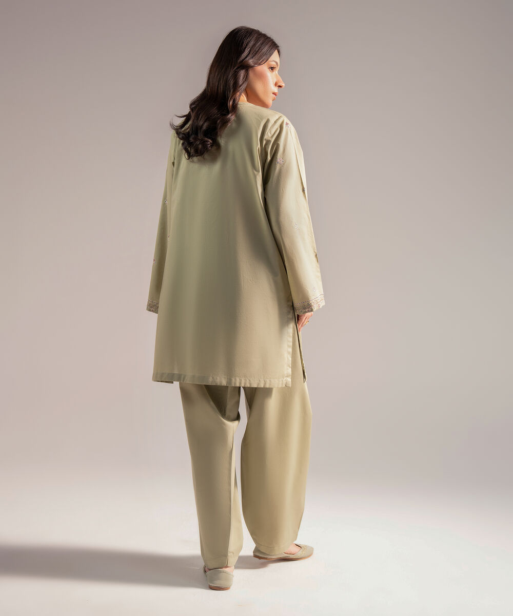 Women's RTW Slub Lawn Embroidered Straight Olive Green Shirt