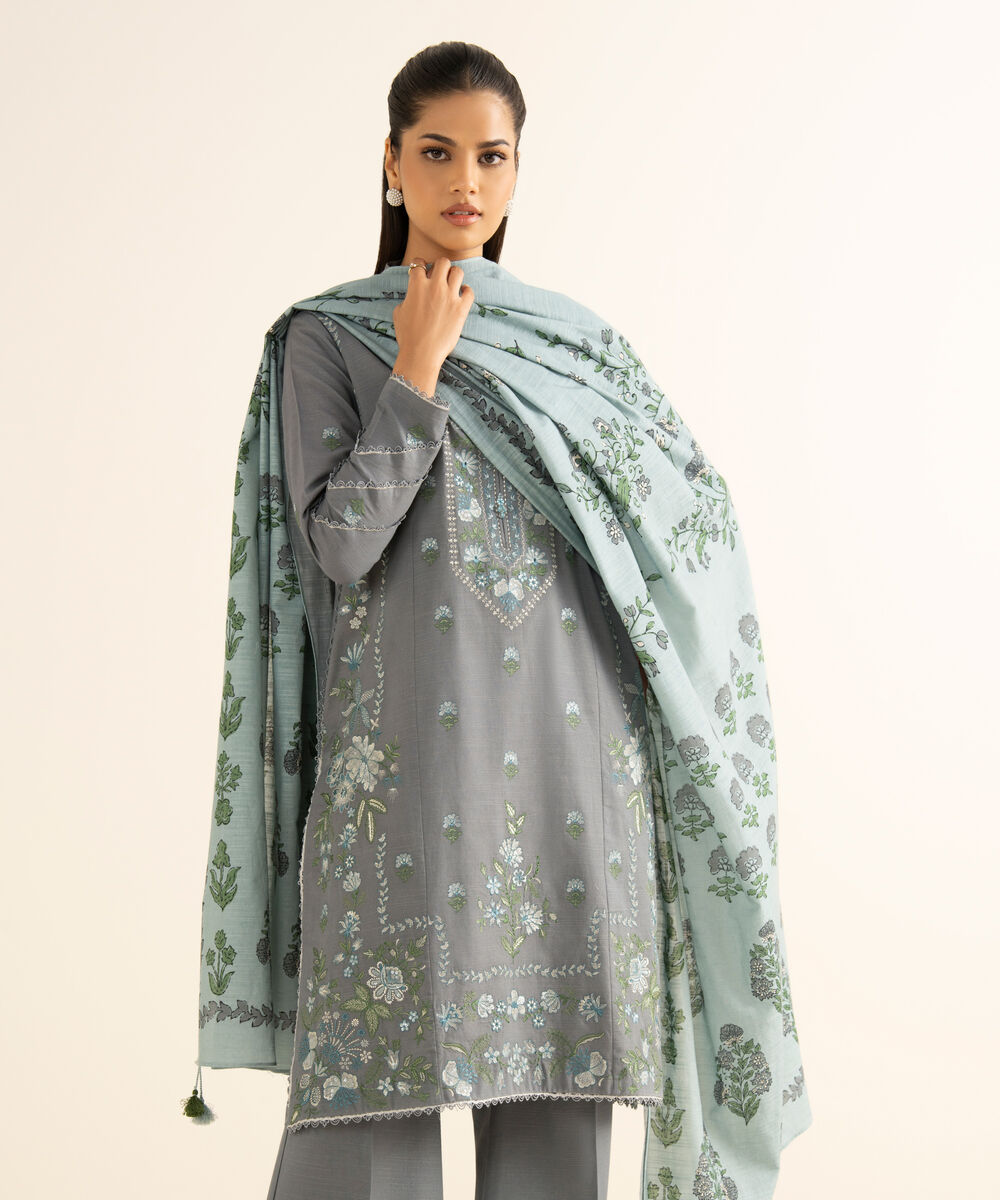 Women's Unstitched Light Khaddar Embroidered Grey 3 Piece Suit