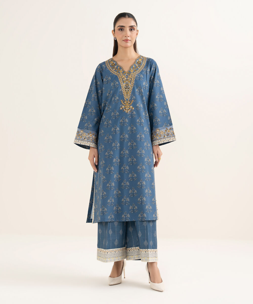 Women's RTW Cotton Embroidered Blue A-Line Shirt