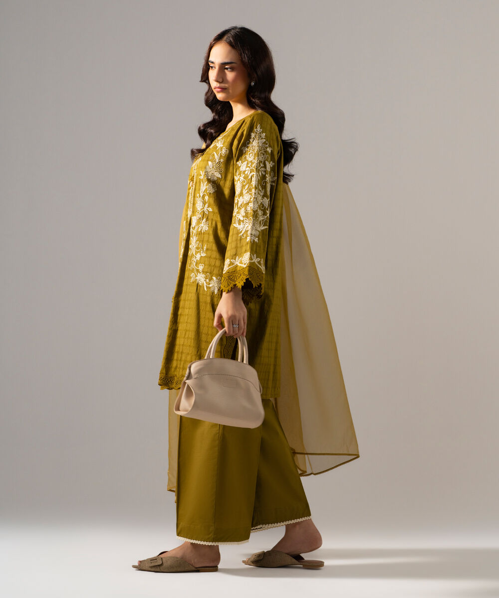 Women's RTW 3D dobby Solid Embroidered Olive Green 3 Piece Suit