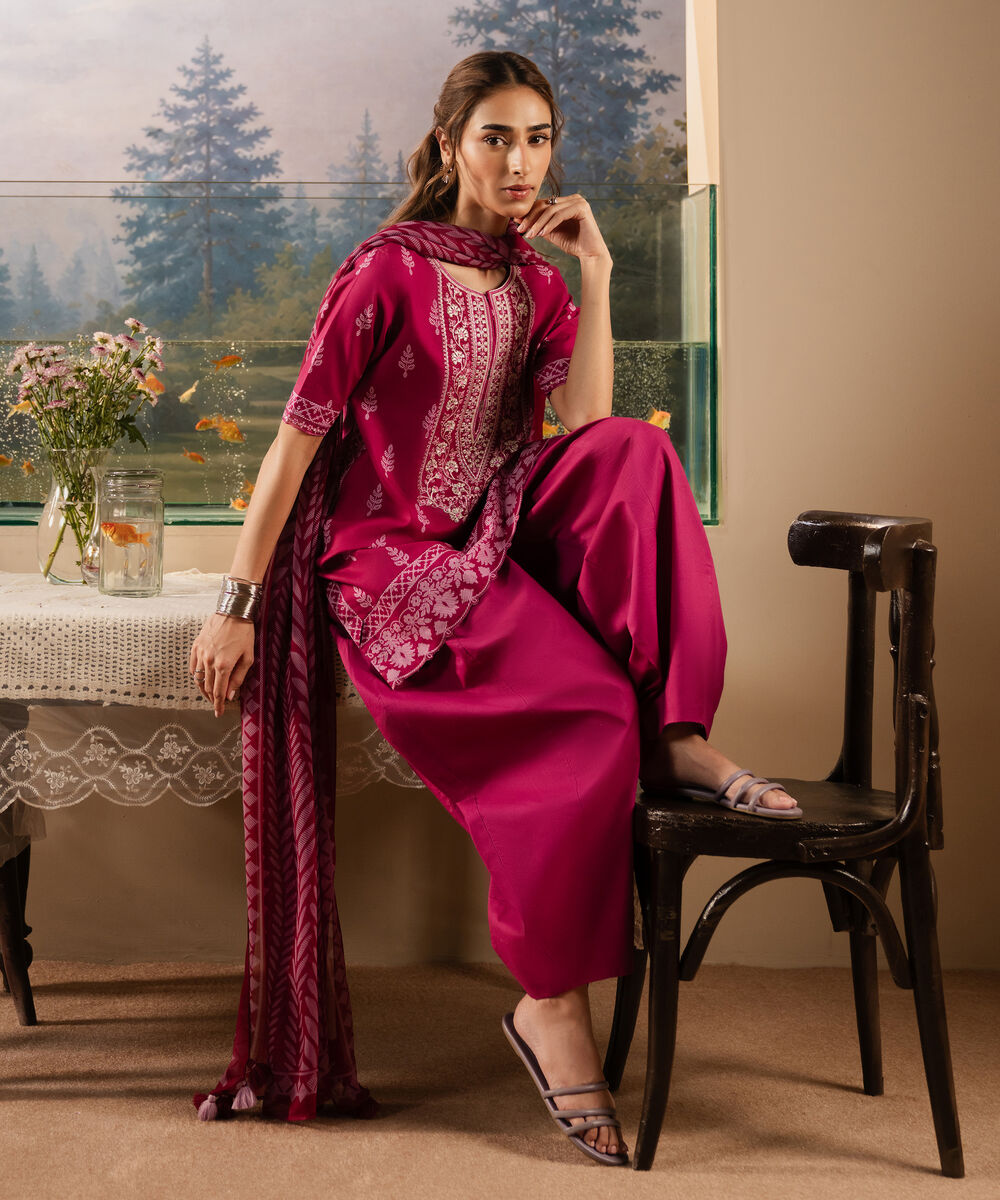 Women's Unstitched Cotton Embroidered Pink