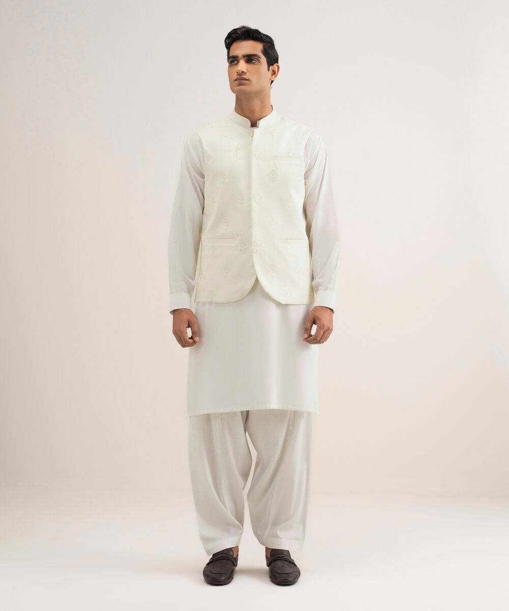 Men'S Stitched Light Cream Cotton Dobby Waistcoat