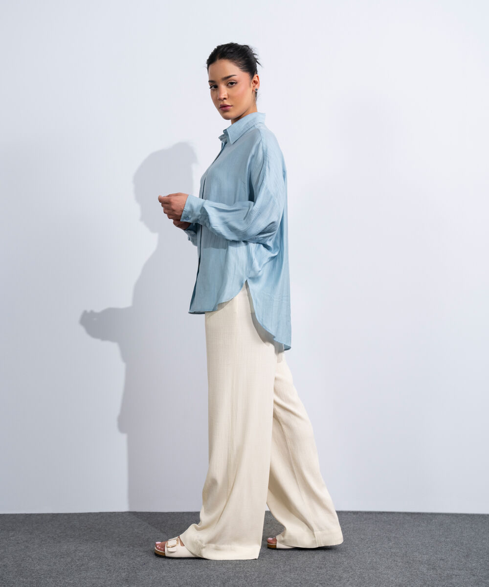 Women's Western Light Blue Oversized Textured Shirt