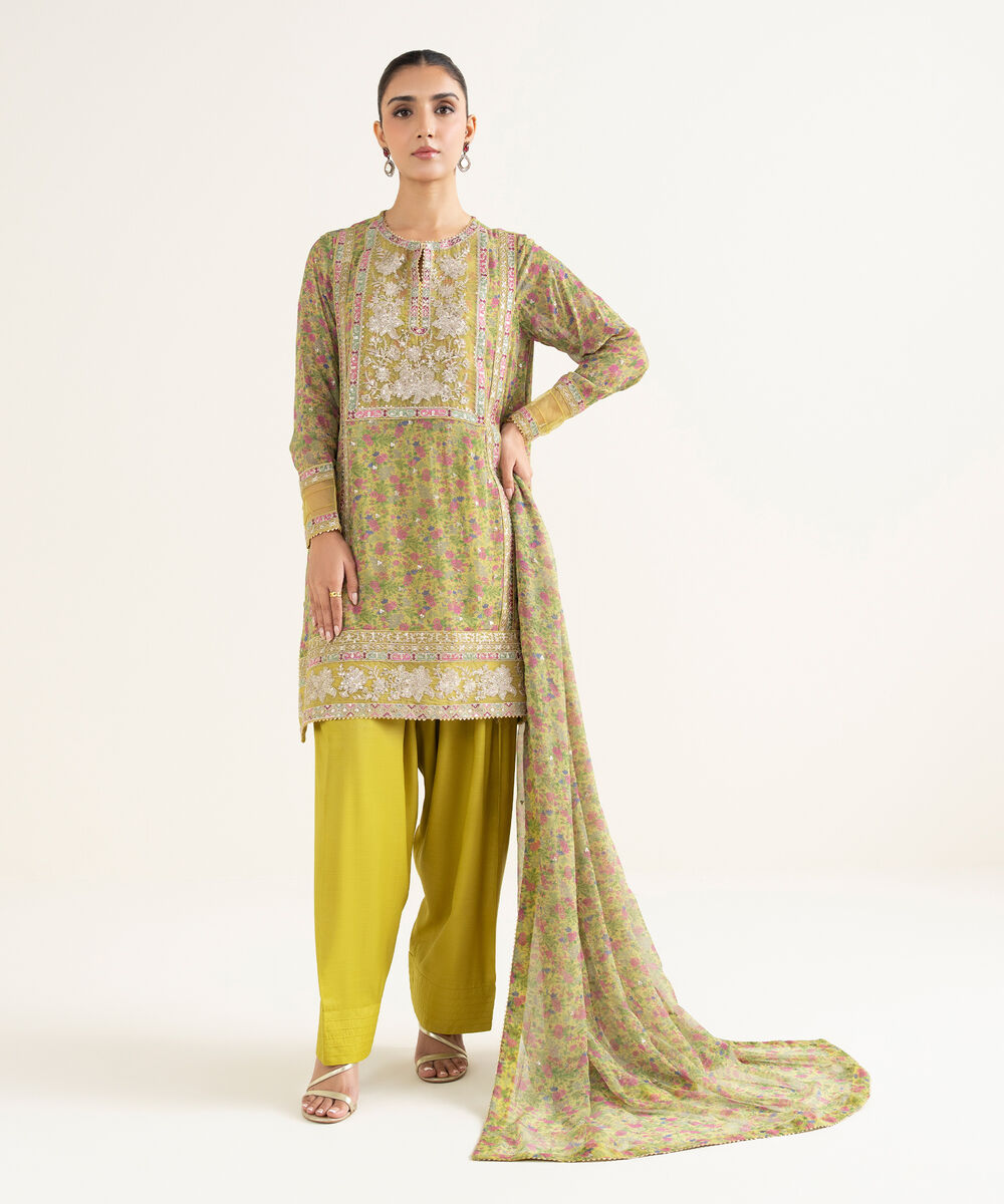 Women's RTW Bemberg Georgette Chiffon Embroidered Yellow 3 Piece Suit