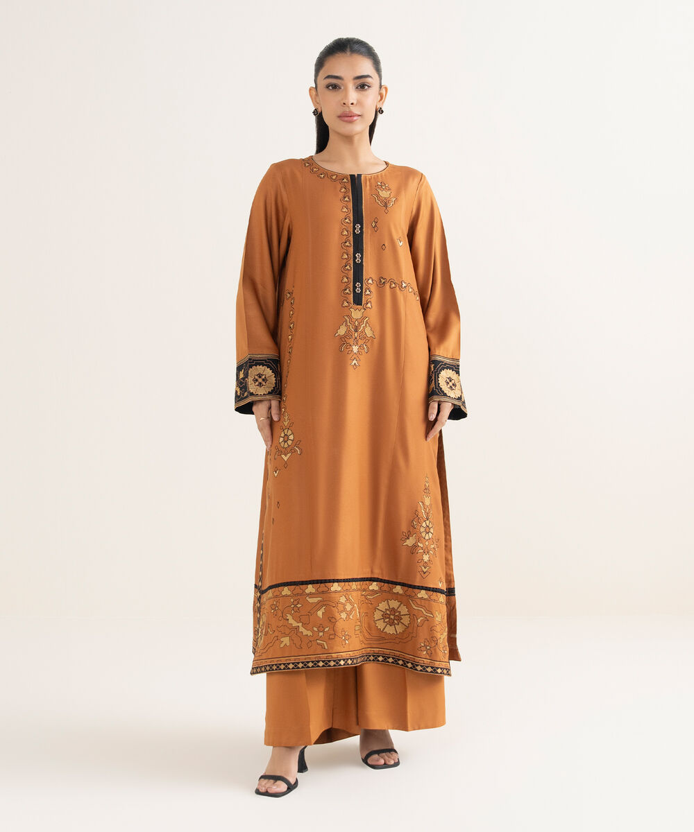 Women's RTW Viscose Marina Embroidered Brown A-Line Shirt