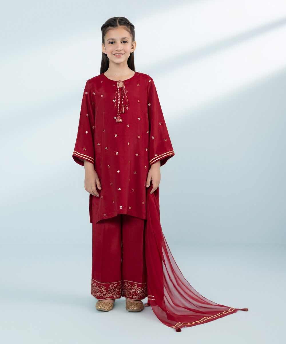 3 Piece - Embroidered Raw Silk Suit
