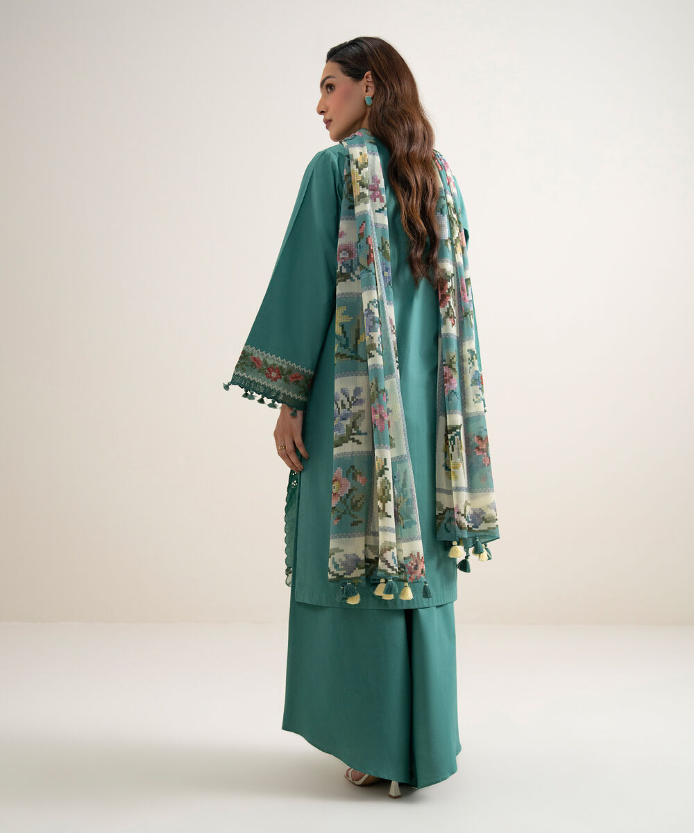 Women's Unstitched Textured Lawn Embroidered Medium Teal 3 Piece Suit