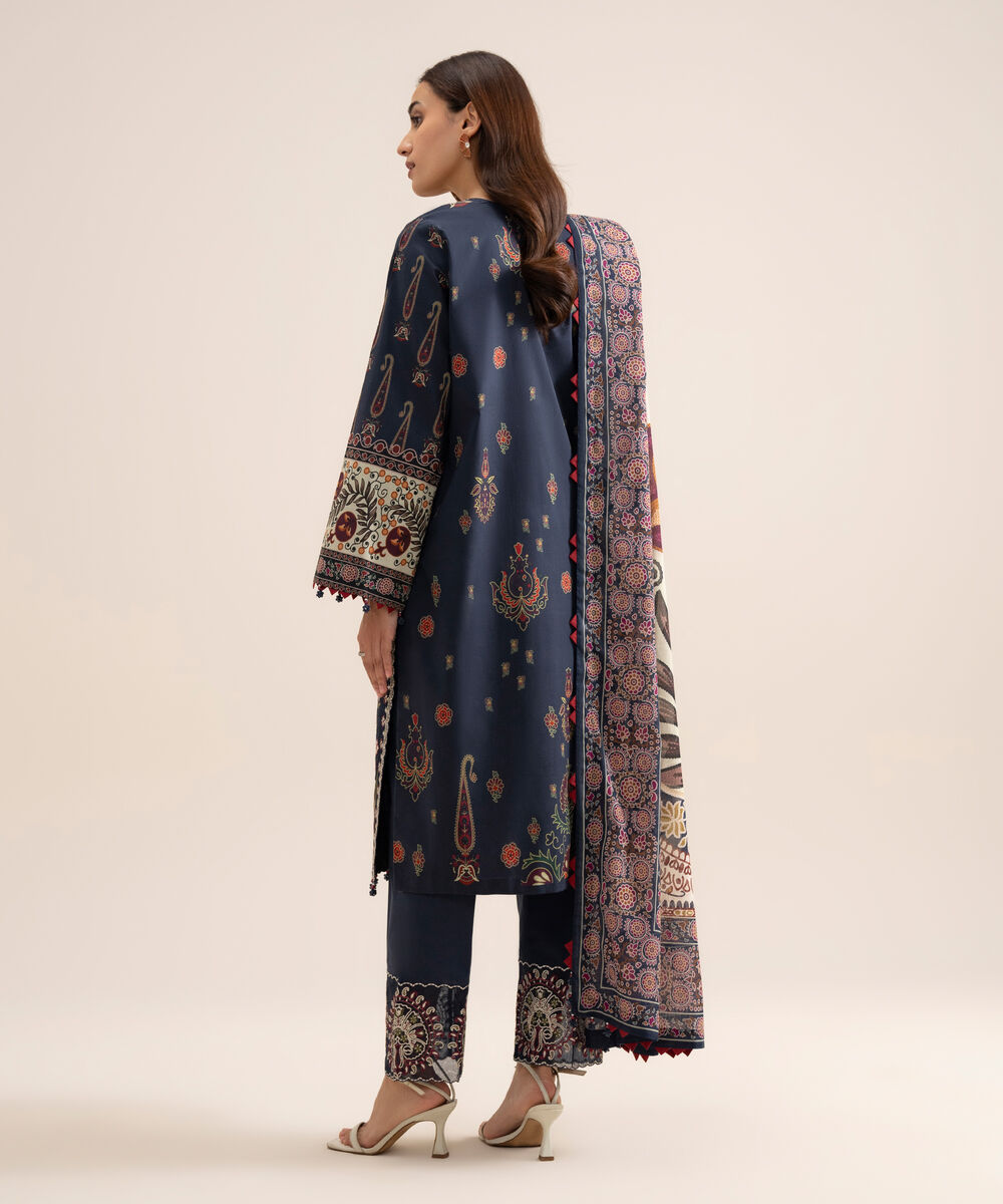 Women's Unstitched Lawn Embroidered Navy Blue  3 Piece Suit