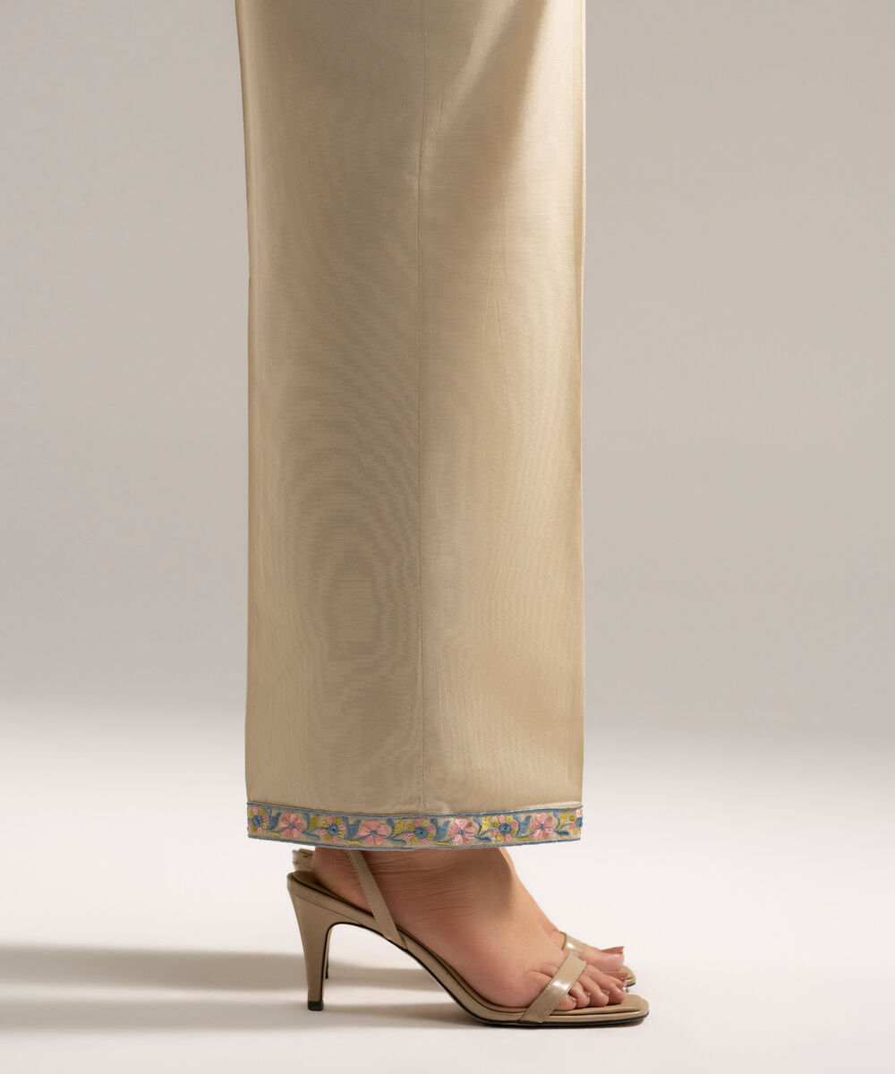 Women's RTW Cambric Embroidered Beige Straight Pants