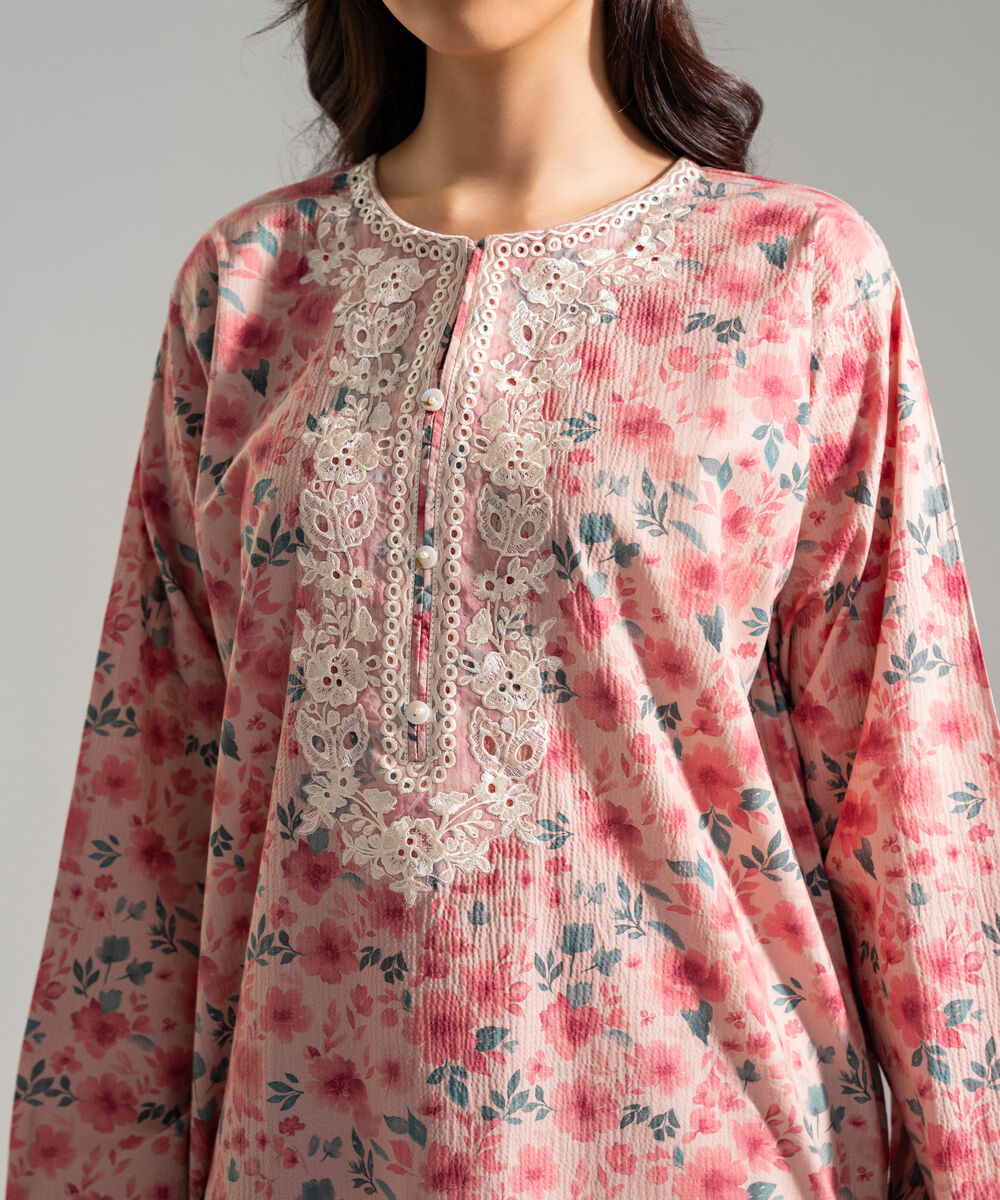 Women's RTW Seersucker Embroidered Pink 2 Piece Suit