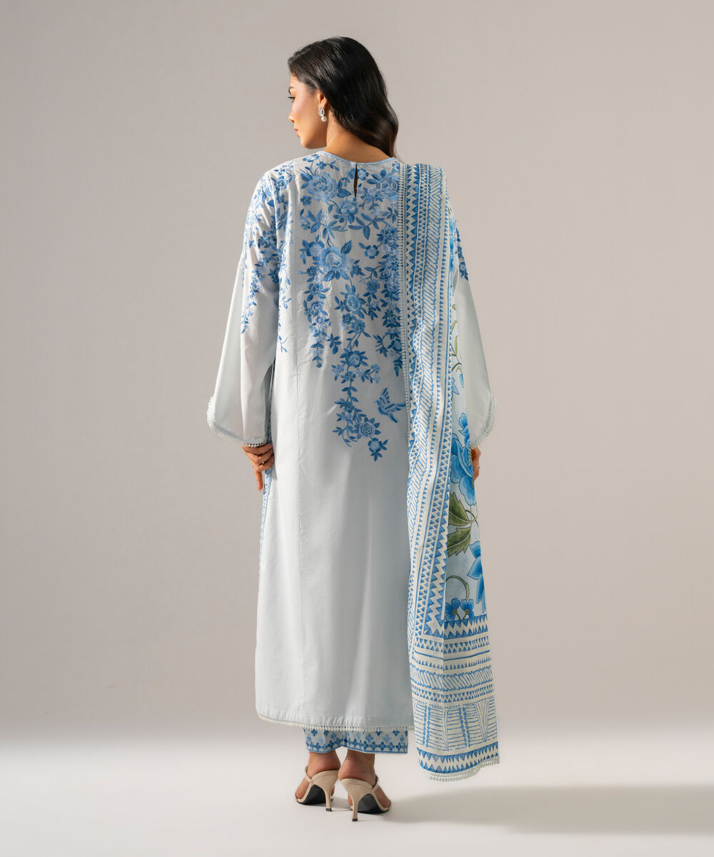 Women's RTW Cambric Solid Embroidered Blue 3 Piece Suit