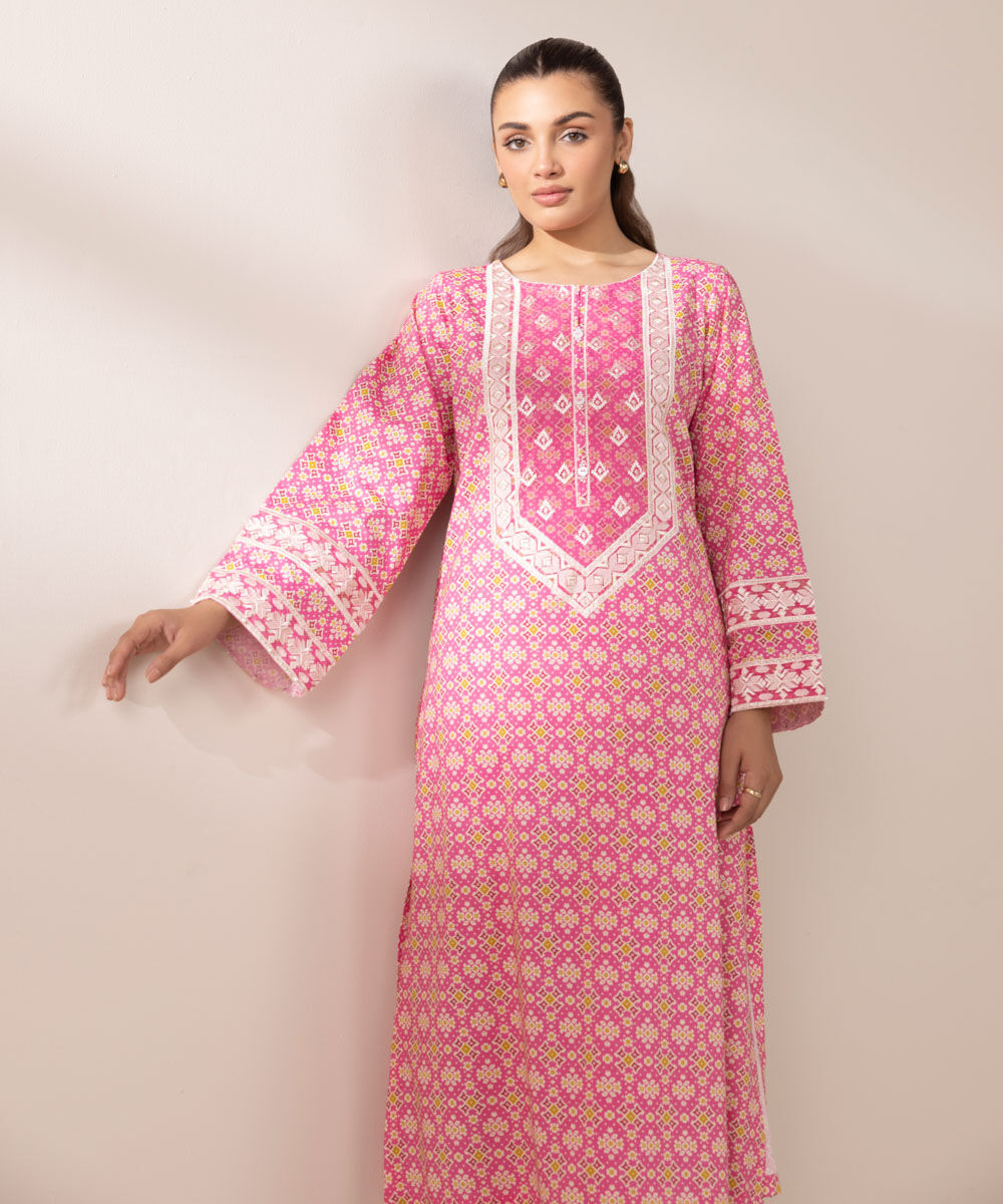 Women's RTW Cotton Viscose Pink Embroidered A-Line Shirt