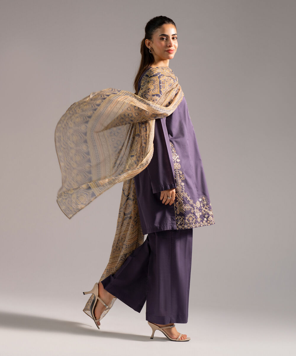 Women's RTW Slub Lawn Embroidered Dark Grey 3 Piece Suit