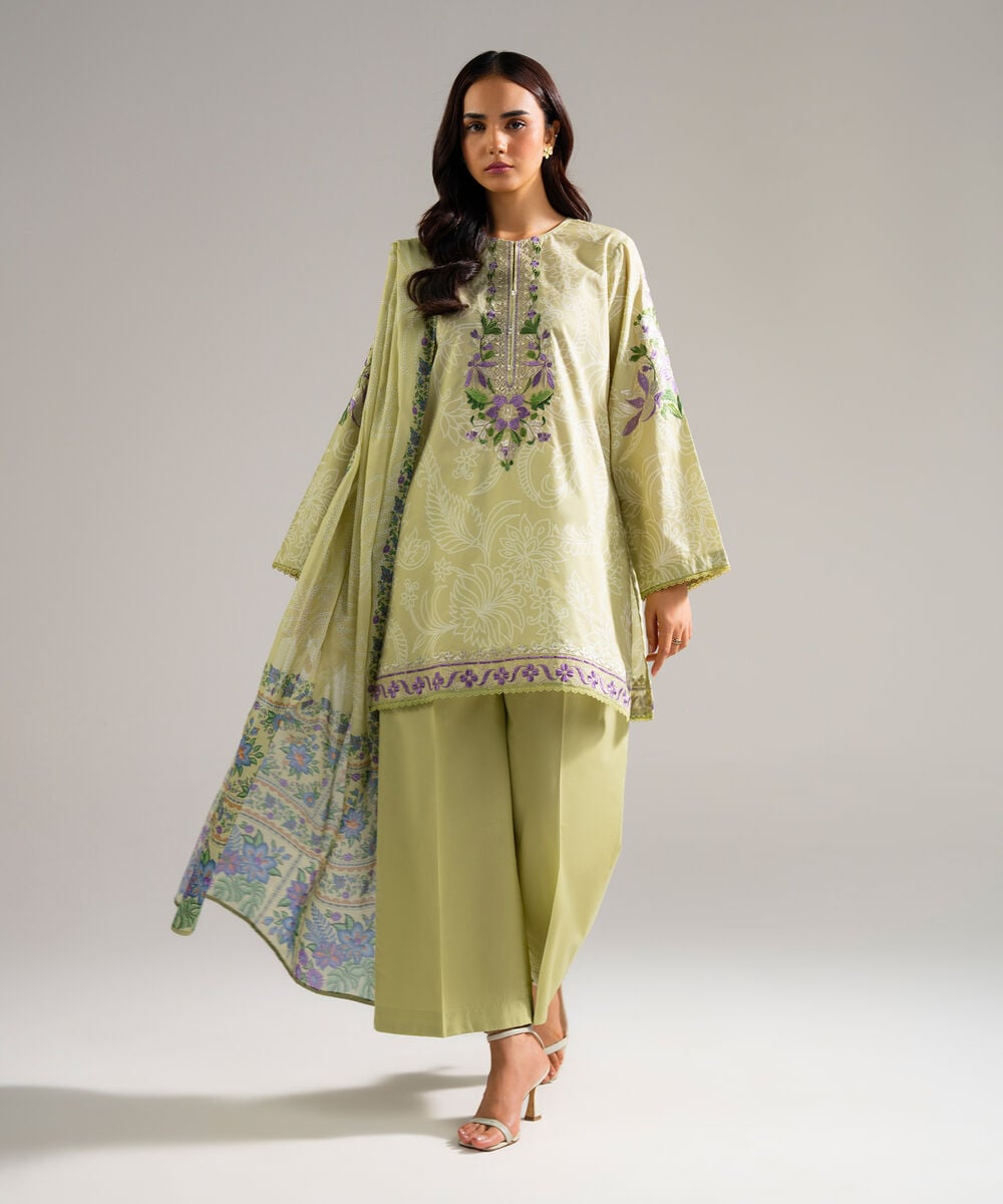 Women's RTW Cambric Embroidered Green 3 Piece Suit