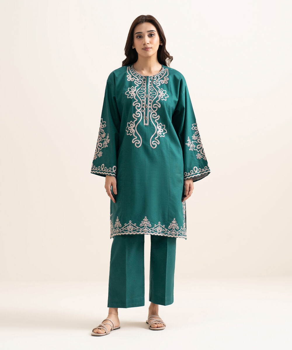 Women's RTW Multi Neps Embroidered Teal Green A-Line Shirt