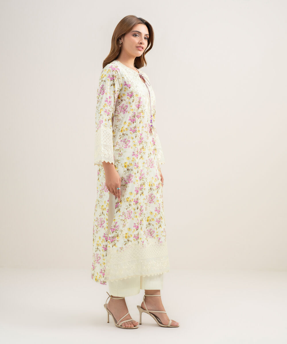 Women's RTW Lawn Embroidered Off White A-Line Shirt