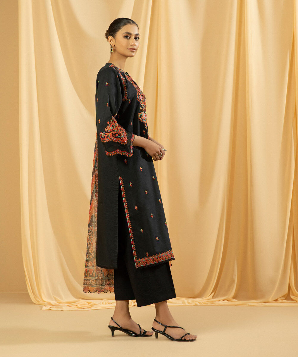 Women's Unstitched Raw Silk  Embroidered Black  3 Piece Suit