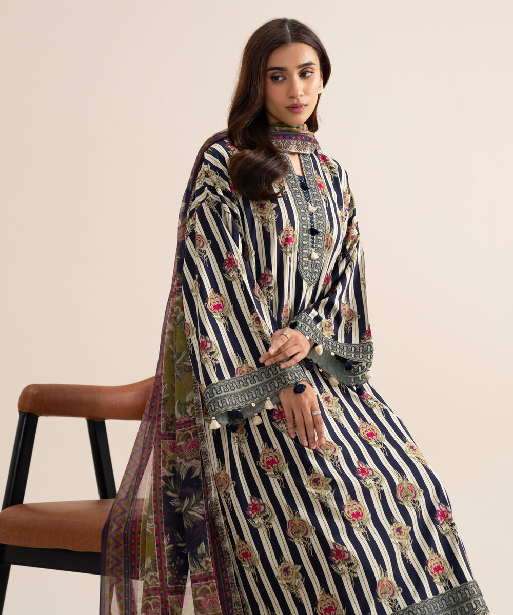 Women's Unstitched Arabic Lawn Embroidered Black & White  3 Piece Suit
