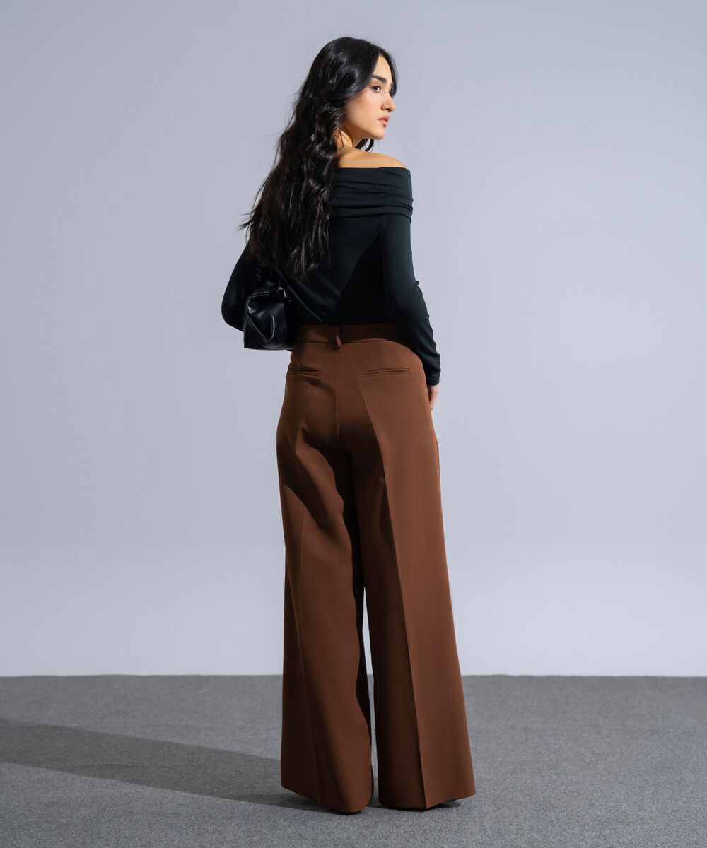 Women's Western Wear Brown Polyester Pleated Wide Leg Trousers
