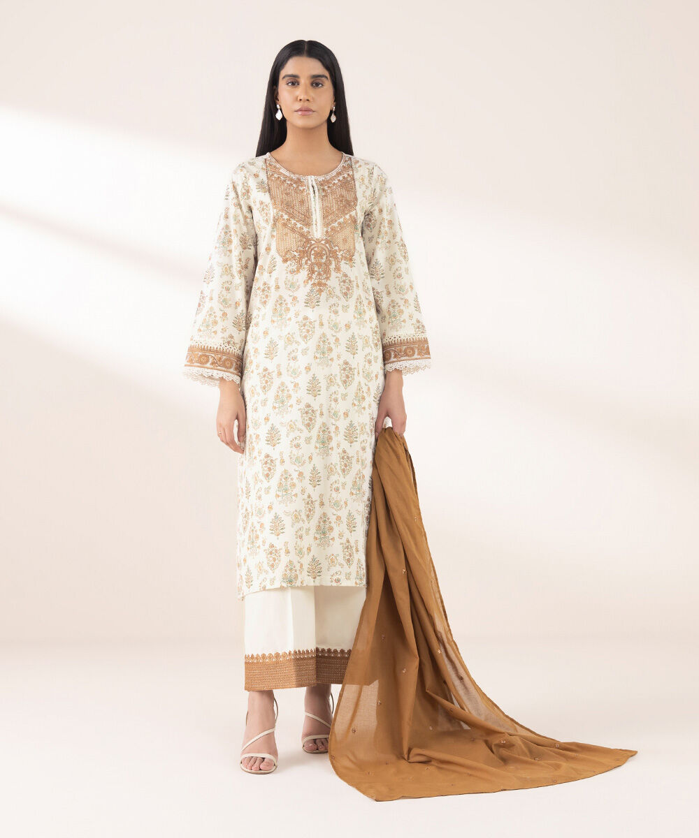 Women's RTW Textured Lawn Beige Embroidered A-Line Shirt