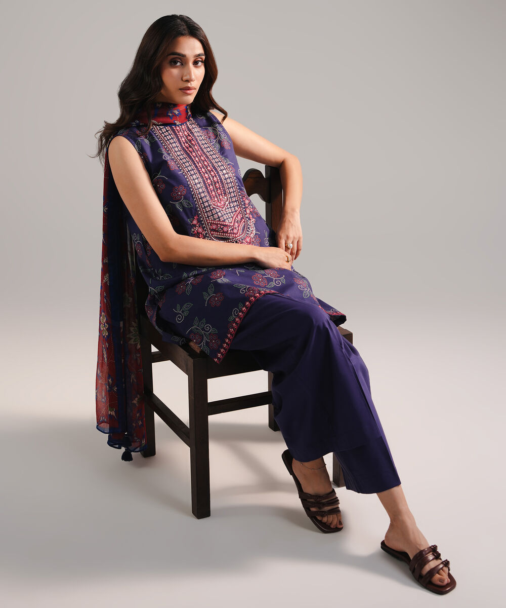 Women's RTW Cambric Embroidered Purple 3 Piece Suit