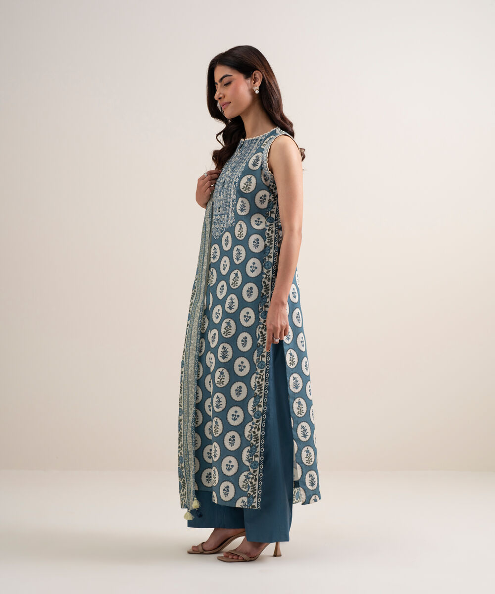 Women's Unstitched Lawn Embroidered Off White and Blue 3 Piece Suit