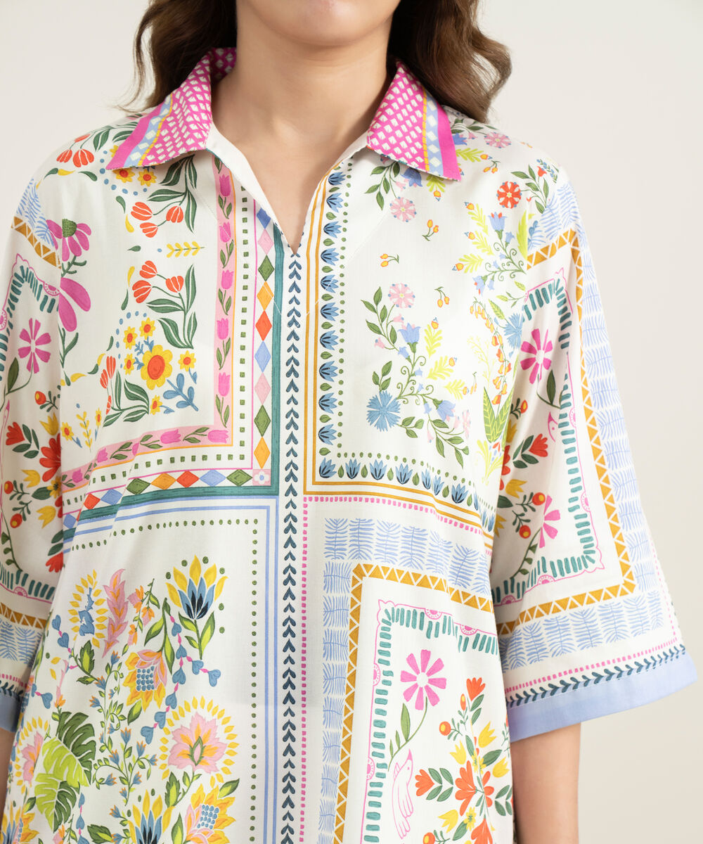 Women's RTW Cotton Viscose Printed Off White Straight Shirt