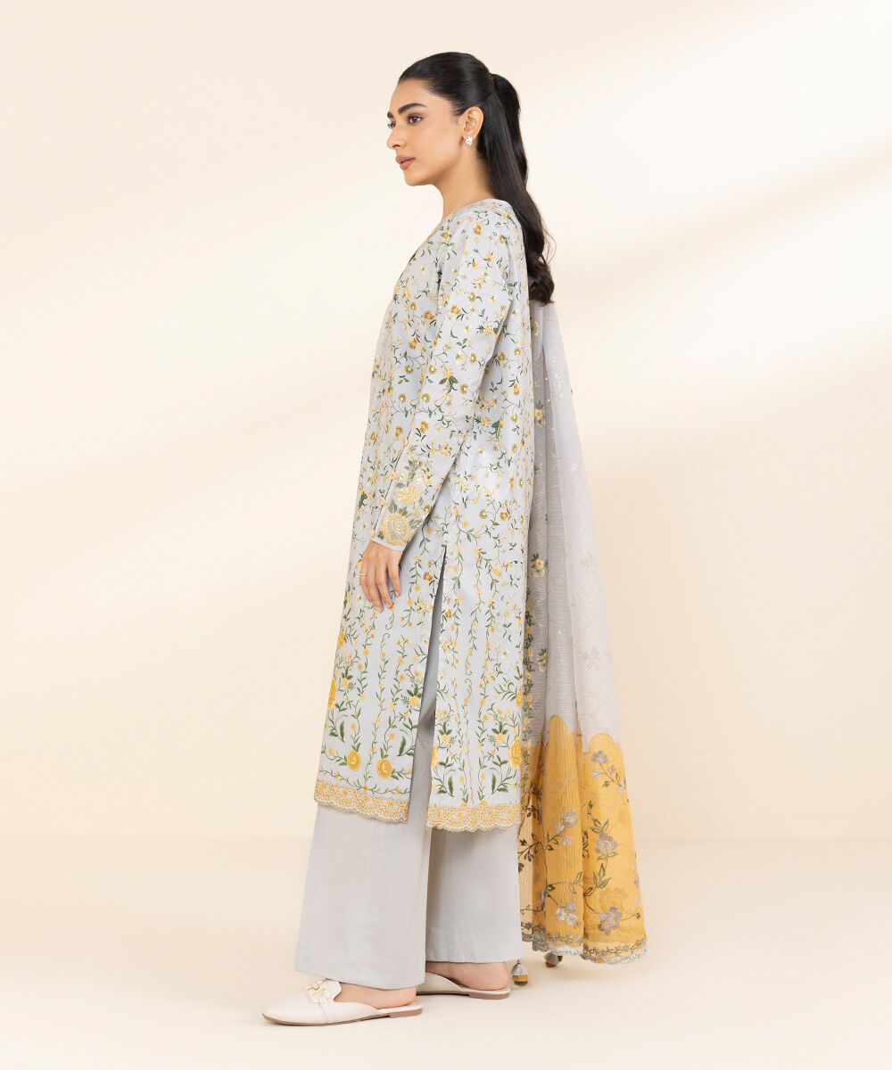Women's Unstitched Lawn Embroidered Grey 3 Piece Suit