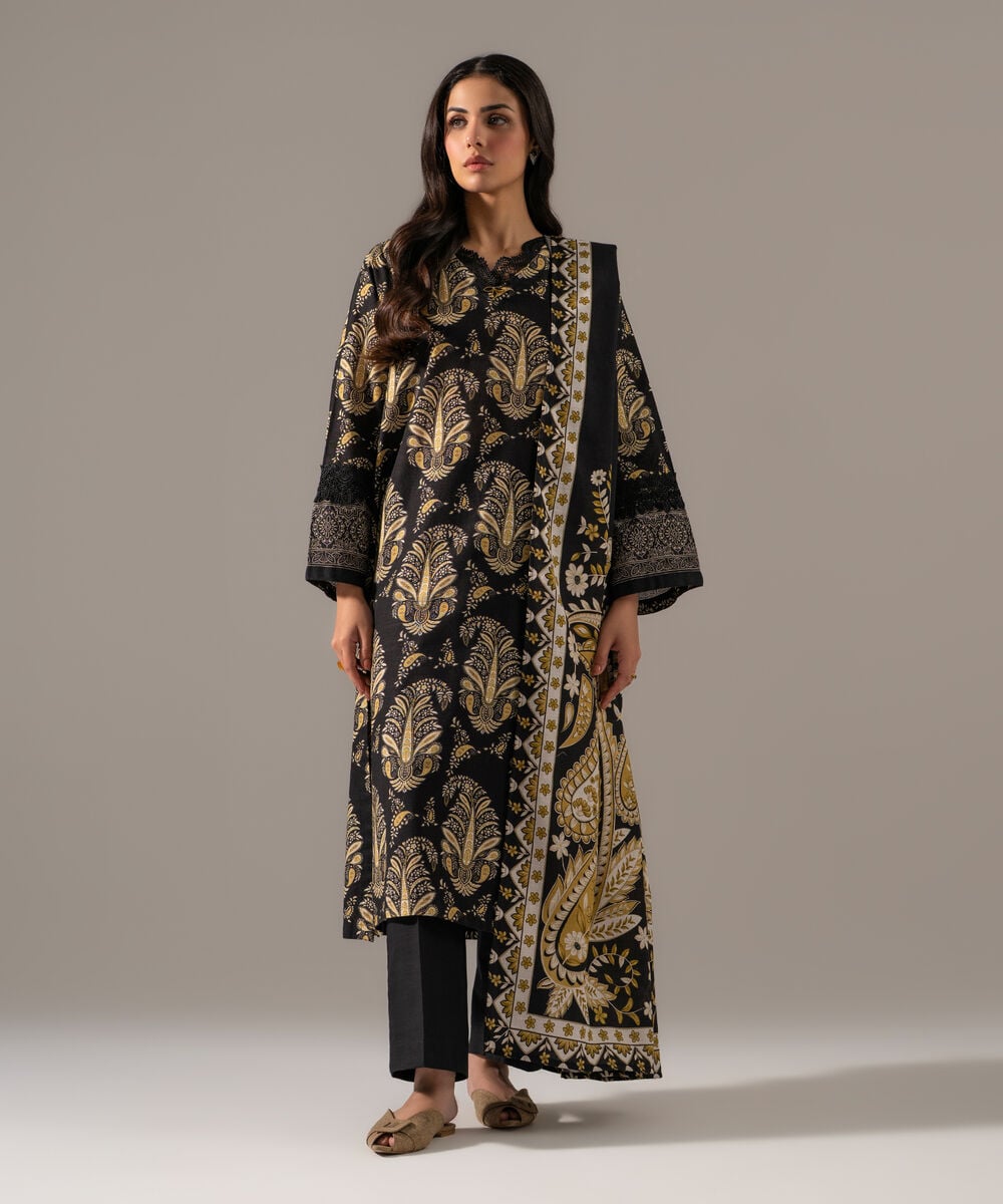 Women's RTW Khaddar Printed Black 3 Piece Suit