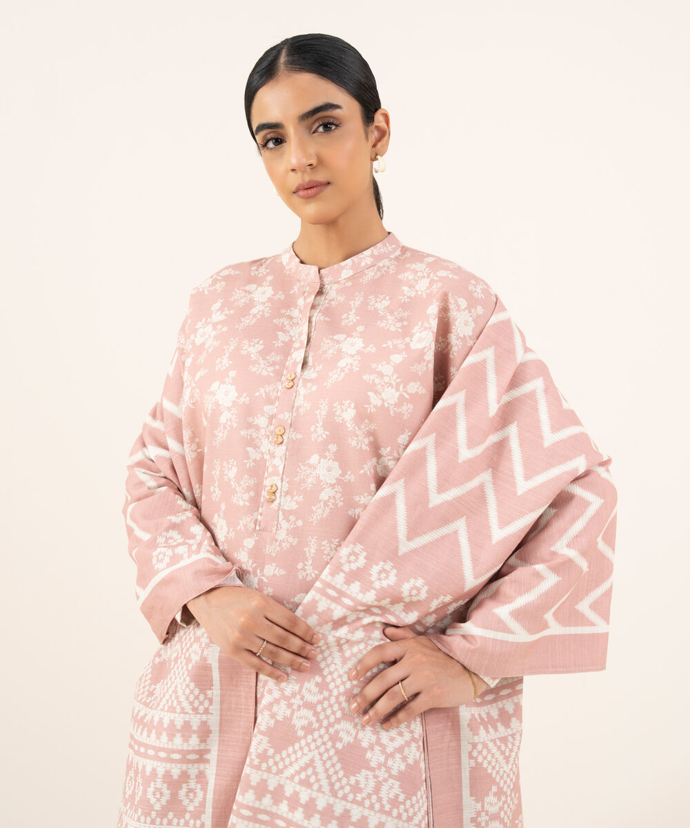 Women's Unstitched Light Khaddar Printed Pink 3 Piece Suit