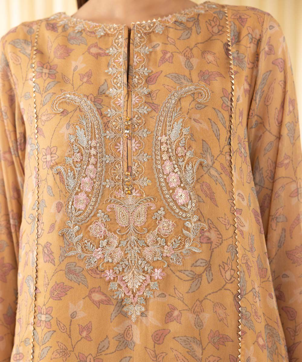 Unstitched Women's Yellow Chiffon Embroidered 3 Piece Suit