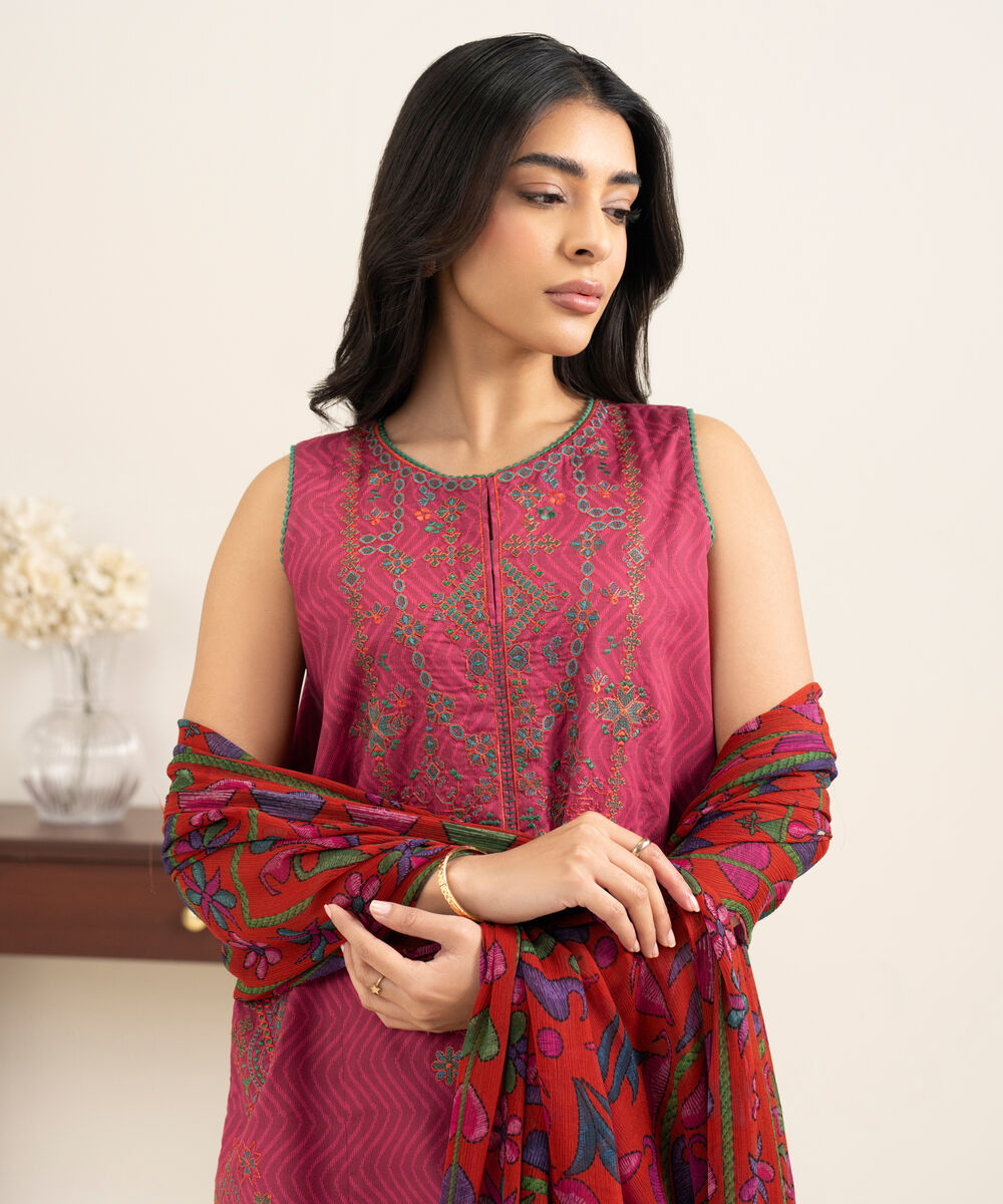 Women's Unstitched Lawn Embroidered Pink 3 Piece Suit