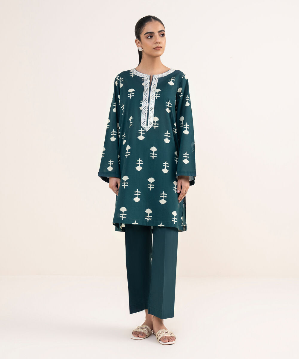 Women's RTW Lawn Green Embroidered Straight Shirt