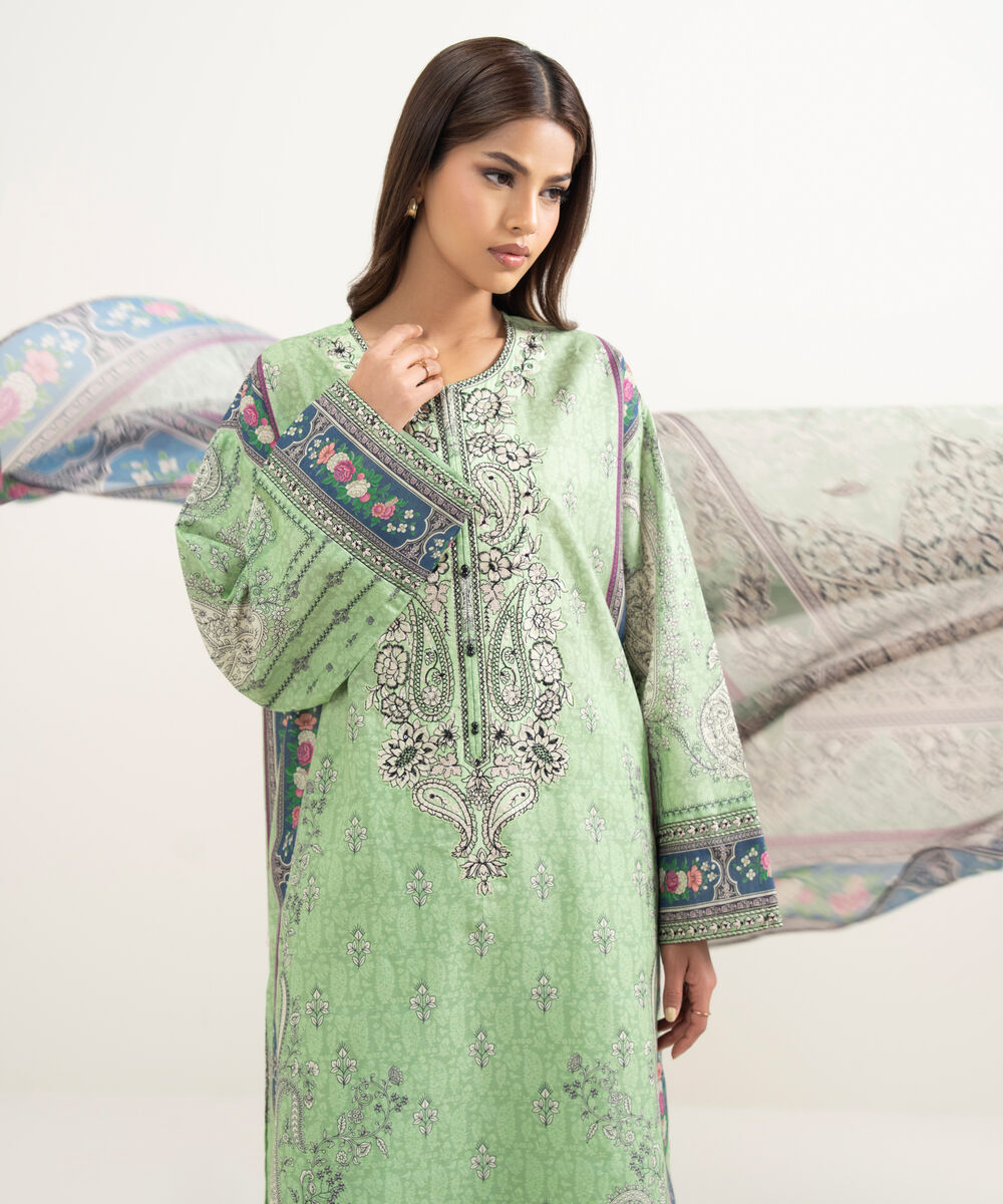 Women's RTW Zari Cotton Embroidered Green Drop Shoulder Shirt