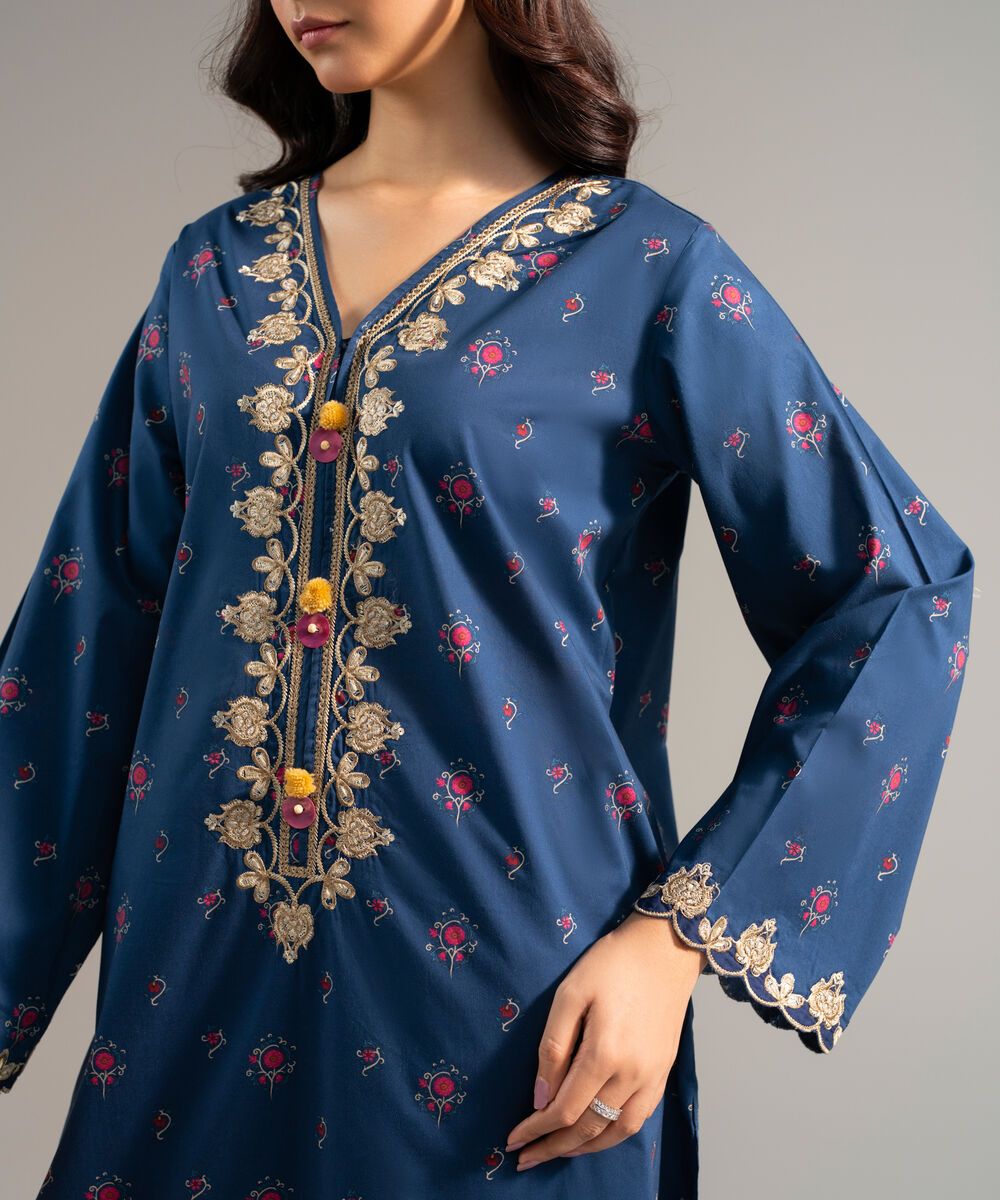 Women's RTW Lawn Embroidered Dark Blue A-Line Shirt