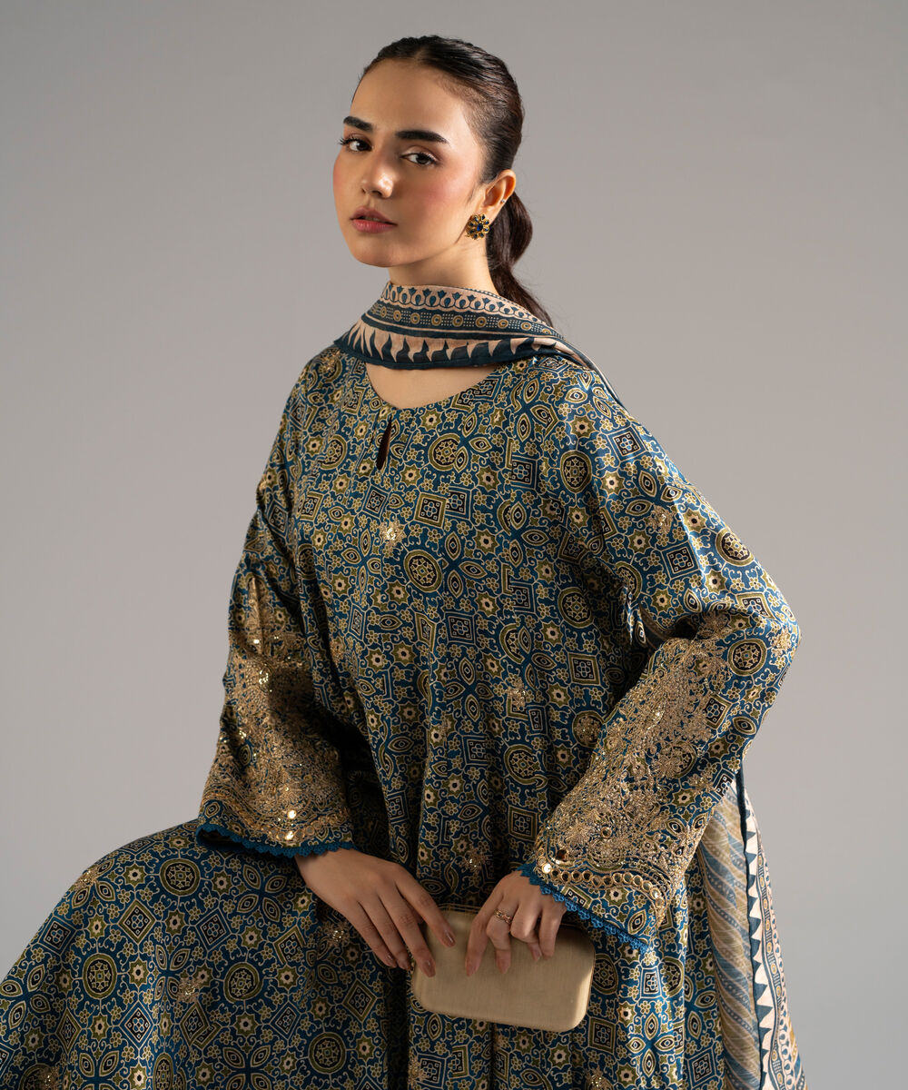 Women's RTW Raw Silk Embroidered Blue 3 Piece Suit