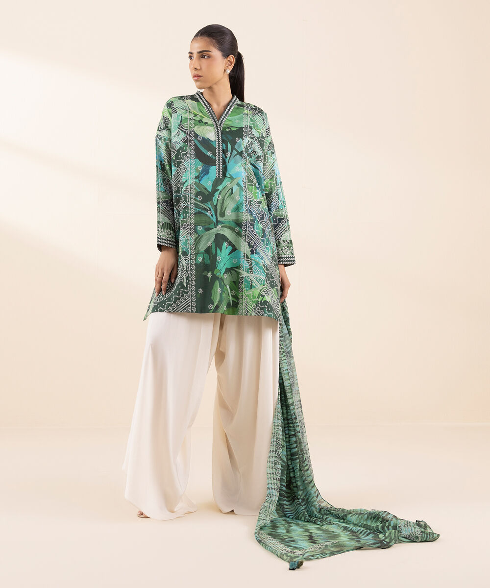 Women's Unstitched Lawn Printed Green 2 Piece Suit