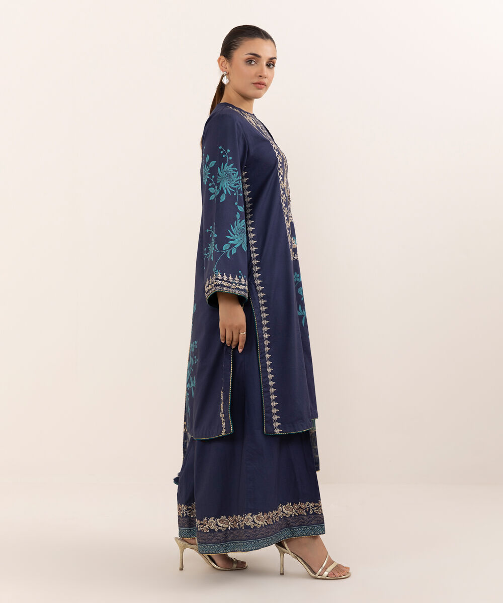 Women's Unstitched Lawn Embroidered Blue 3 Piece Suit