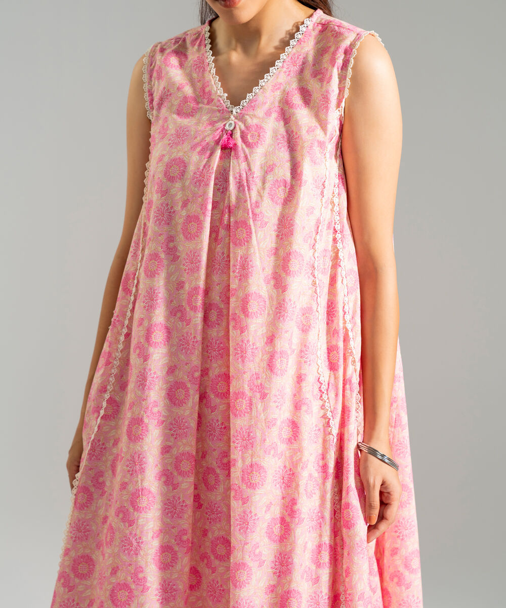 Women's RTW Slub Lawn Printed Pink A-Line Shirt