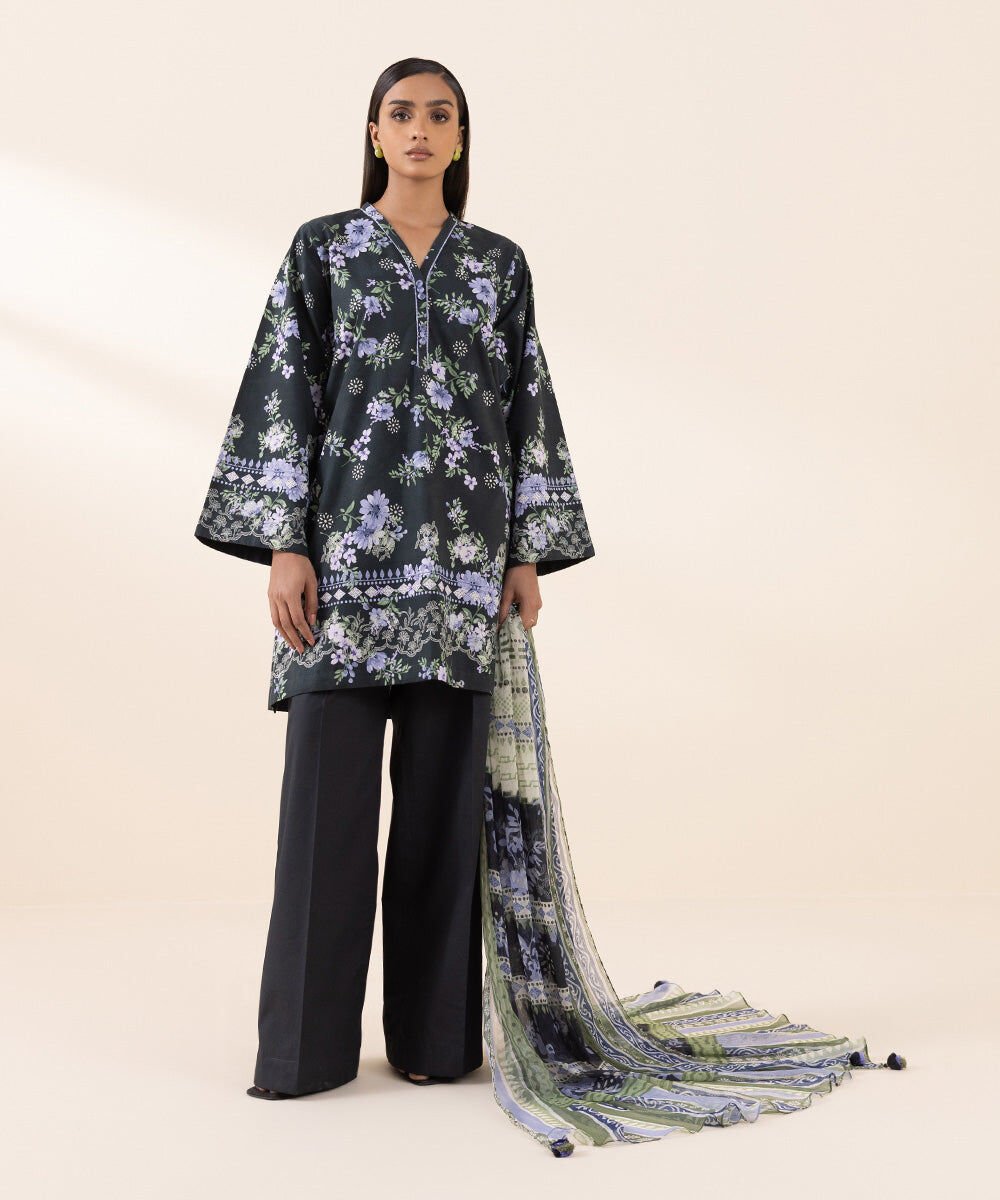 3 Piece - Printed Cambric Suit Women's Pret Cambric Multi Printed 3 Piece Suit