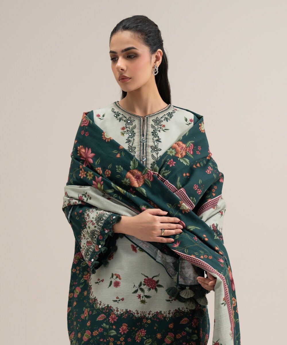 Women's Unstitched Lawn Printed Off White 3 Piece Suit