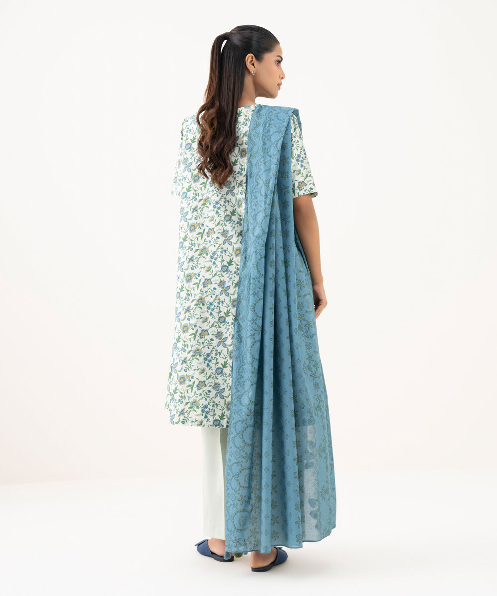 Women's Unstitched Cotton Printed Off White Three Piece Suit