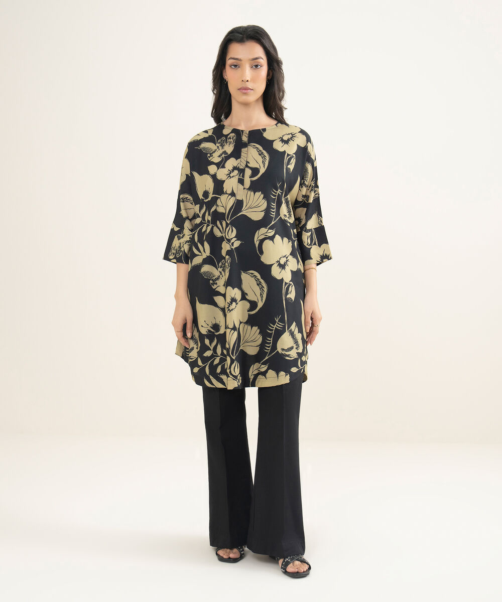 Women's RTW Arabic Cambric Printed Black Drop Shoulder Shirt