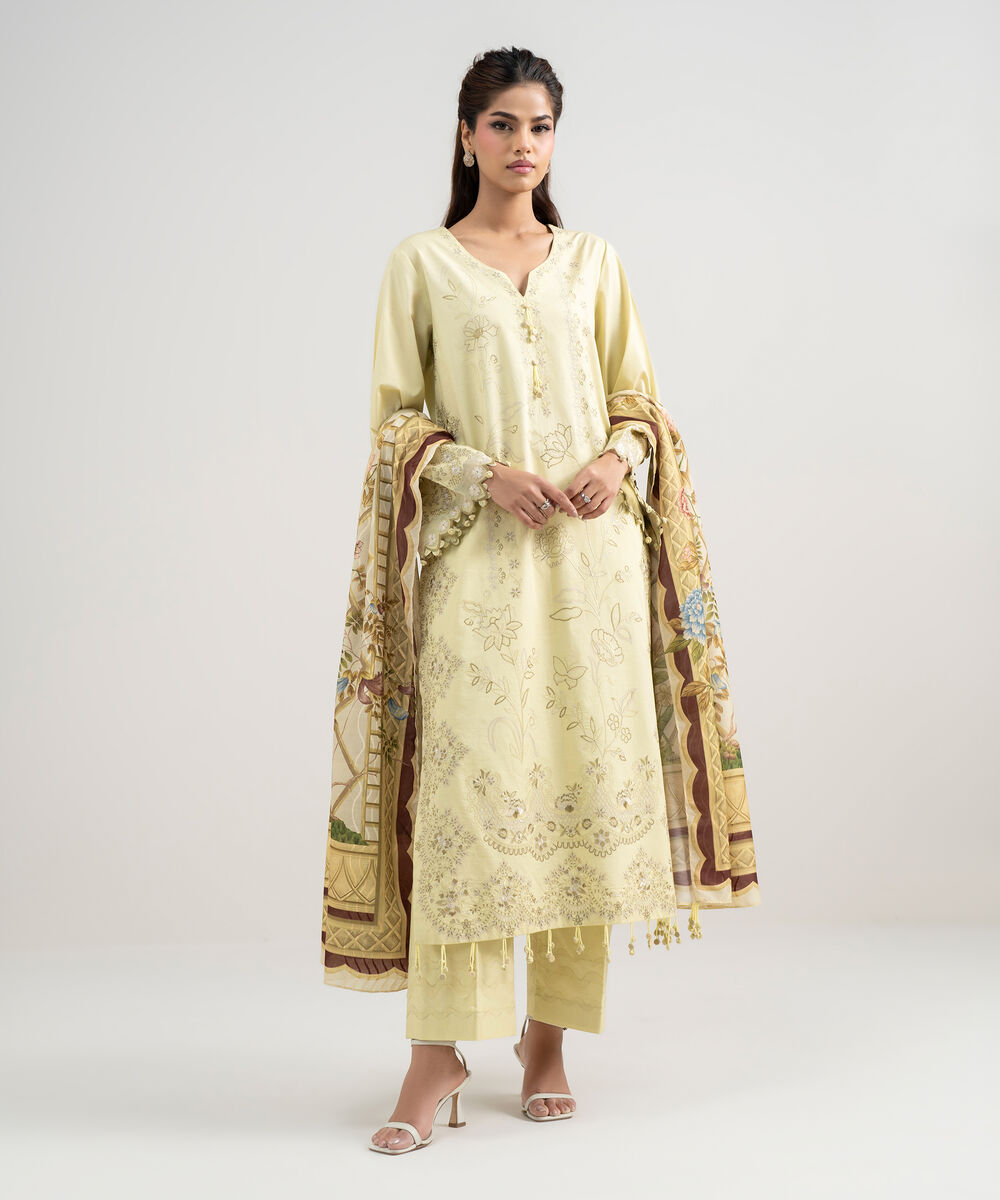 Women's Unstitched Lawn Embroidered Yellow 3 Piece Suit