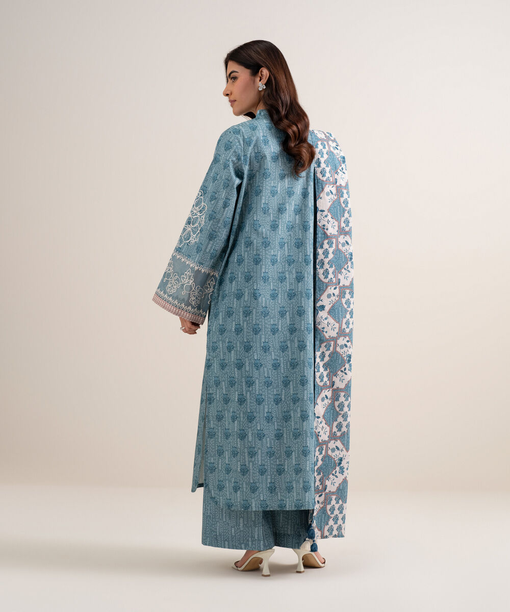 Women's Unstitched Lawn Embroidered Ice Blue 3 Piece Suit