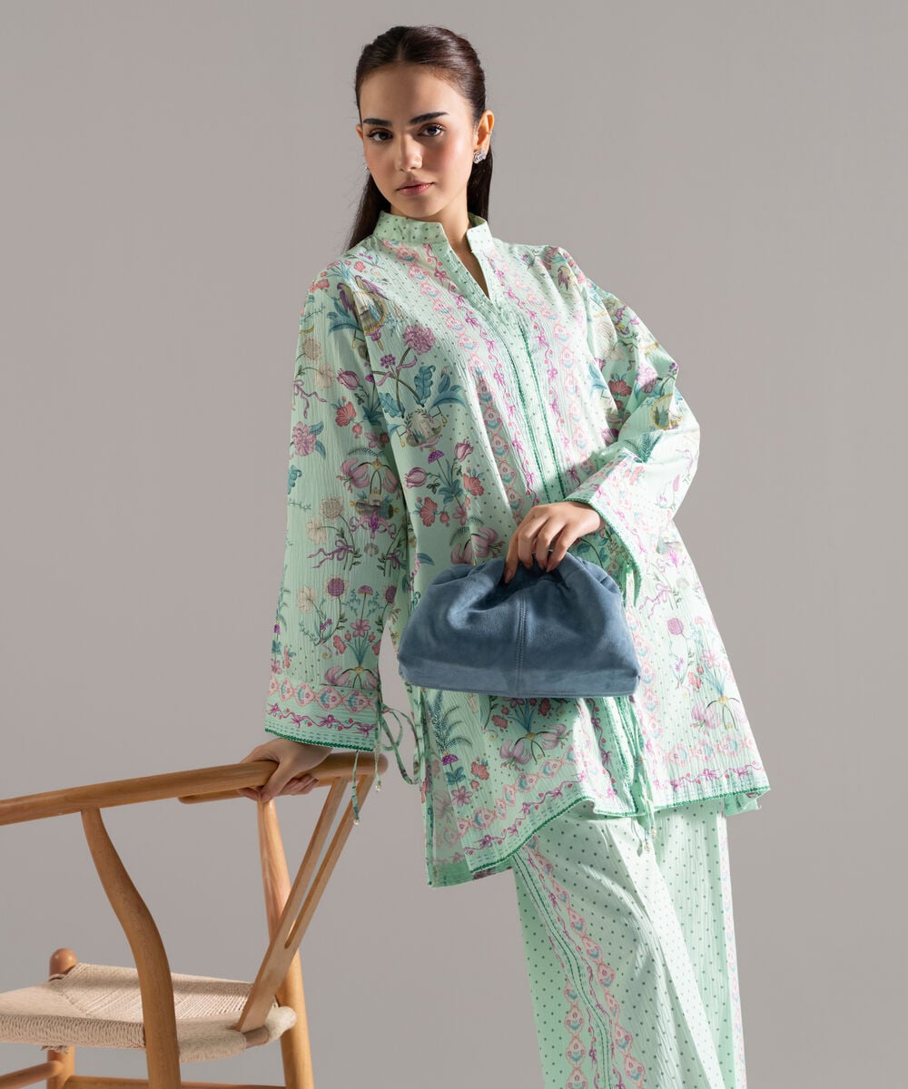 Women's RTW Seersucker Printed Green 2 Piece Suit