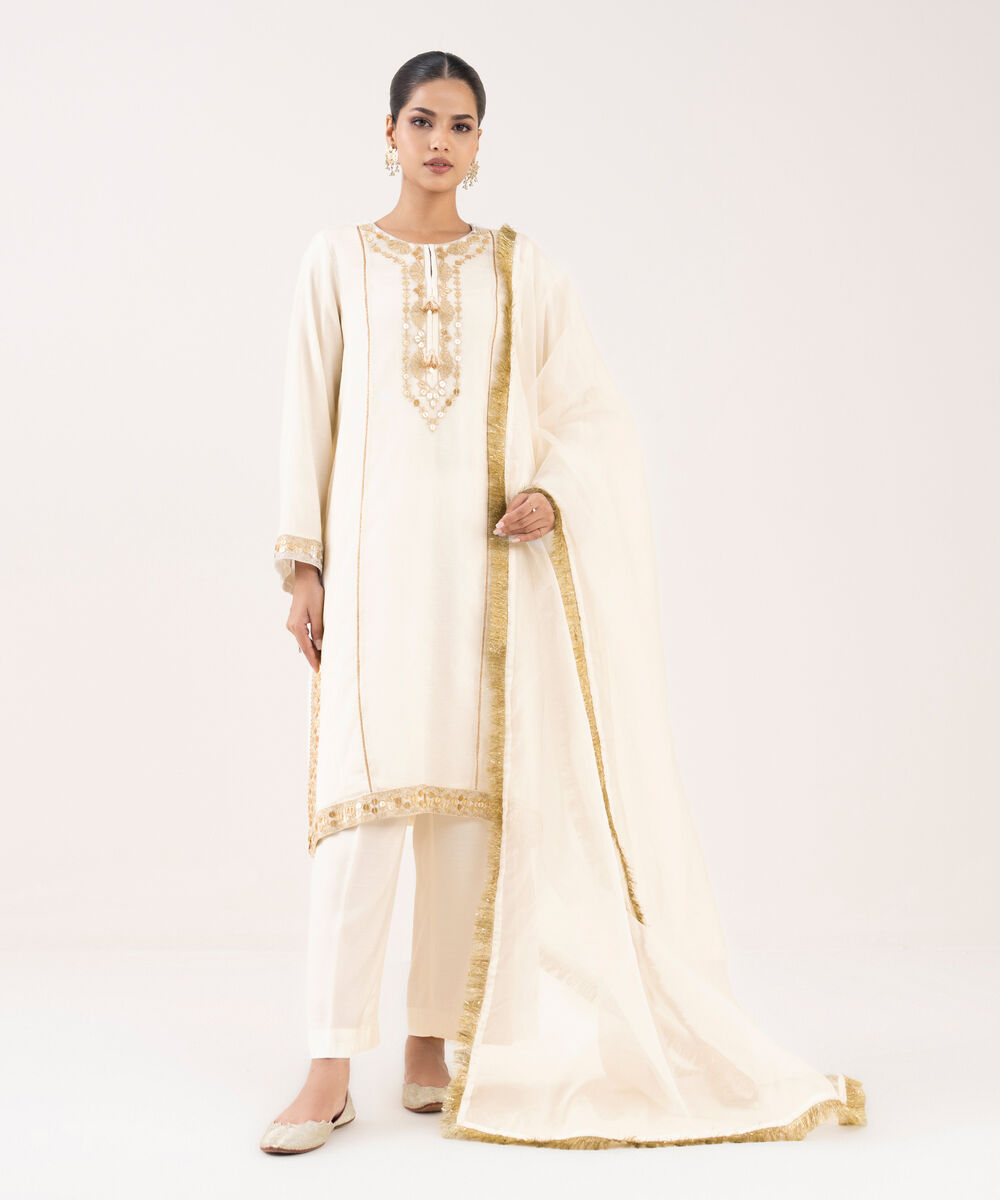Women's RTW Khaddi Net Off White Embroidered 3 Piece Suit