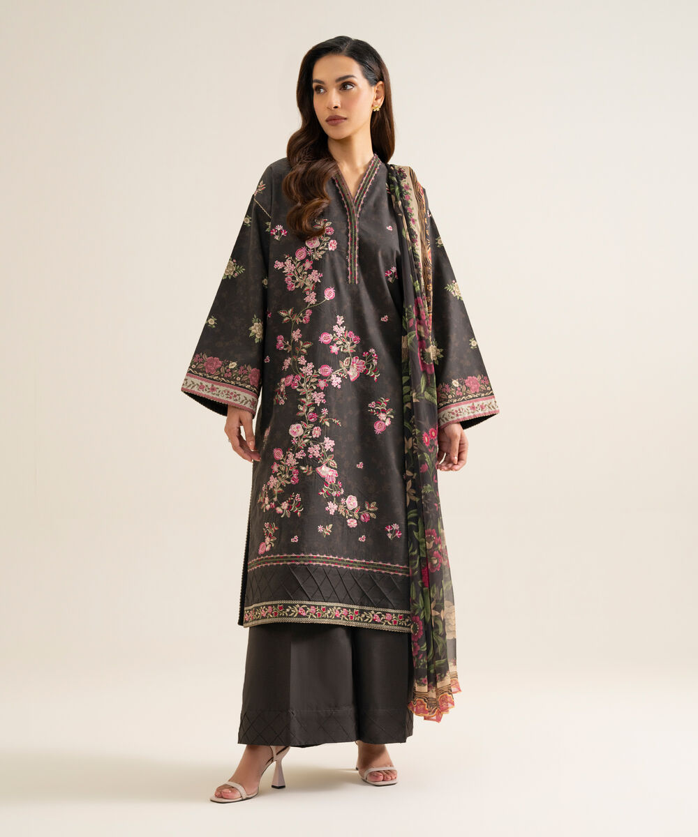 Women's Unstitched Blended Chiffon Embroidered Brown 3 Piece Suit