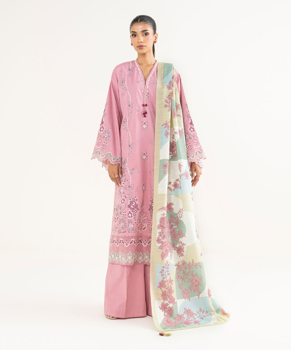 Women's Unstitched Cross Hatch Embroidered Pink 3 Piece Suit